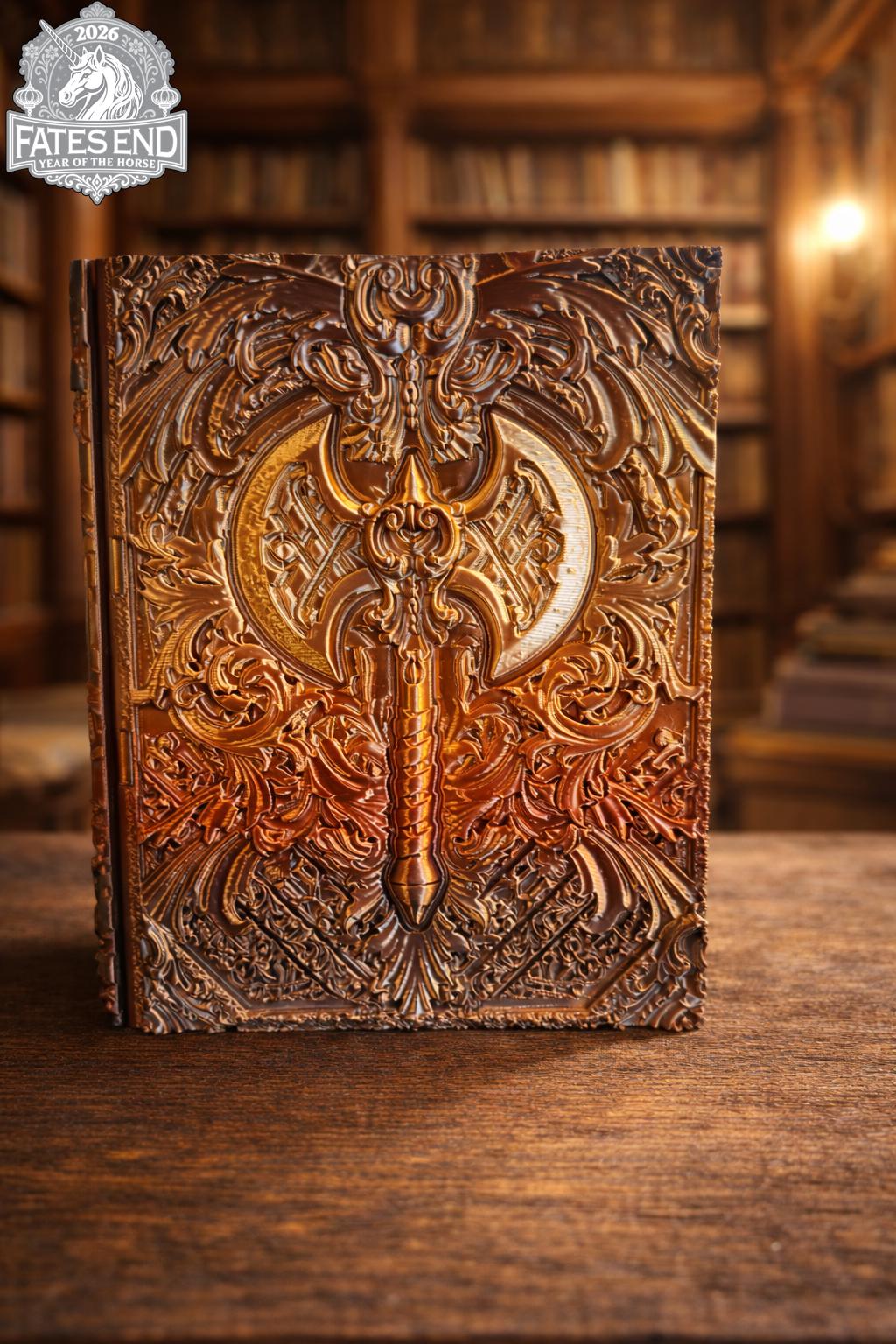 "Libro Tomo \"Barbarian - Reforged\" - Libro per dadi in ambra con rilievo a doppia ascia - Contenitore per dadi, torre per dadi o vassoio per dadi per D"