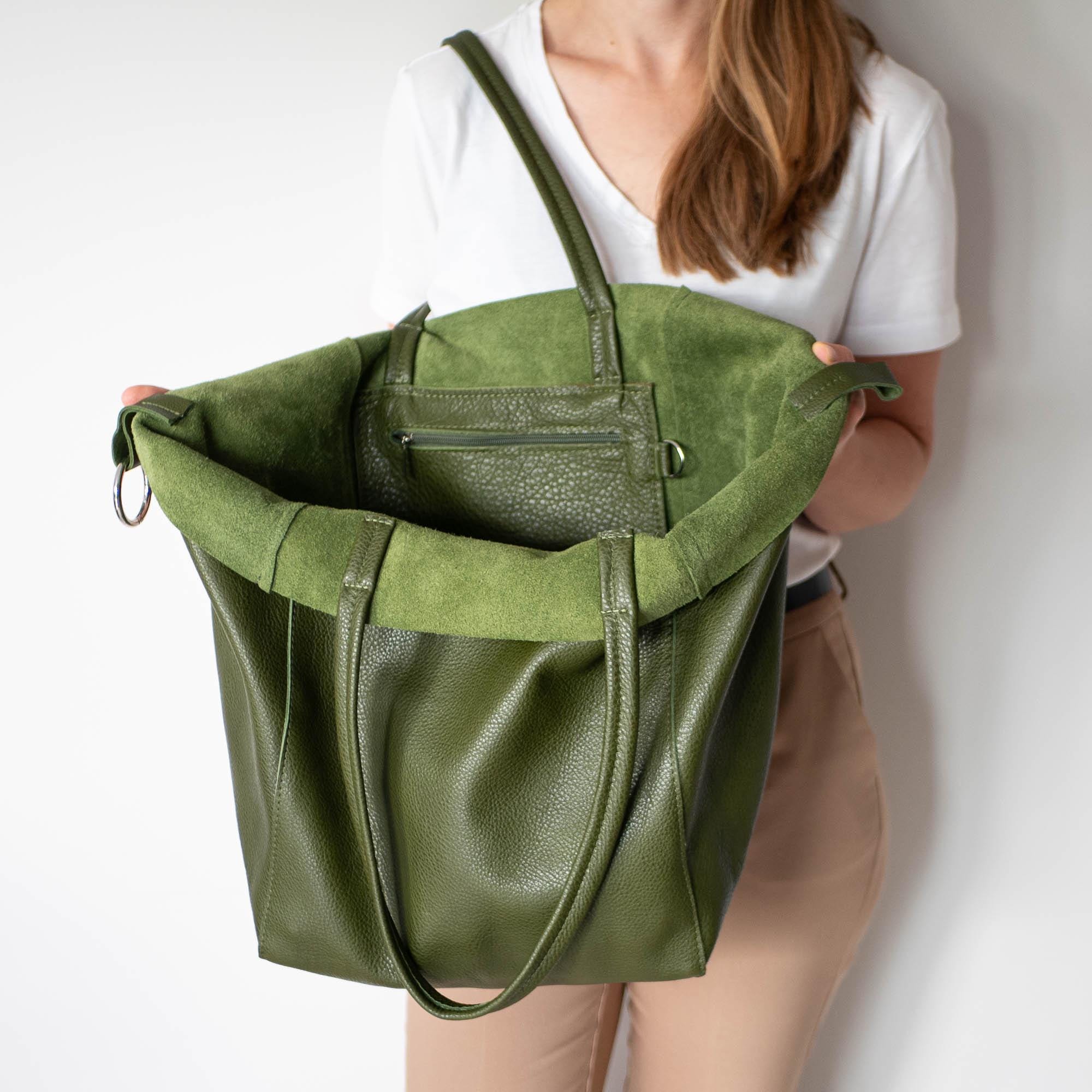 Borsa tote in pelle verde oliva, borsa hobo oversize morbida, grande shopper morbida a tracolla, grande borsa da lavoro con pochette, borsa da mercato