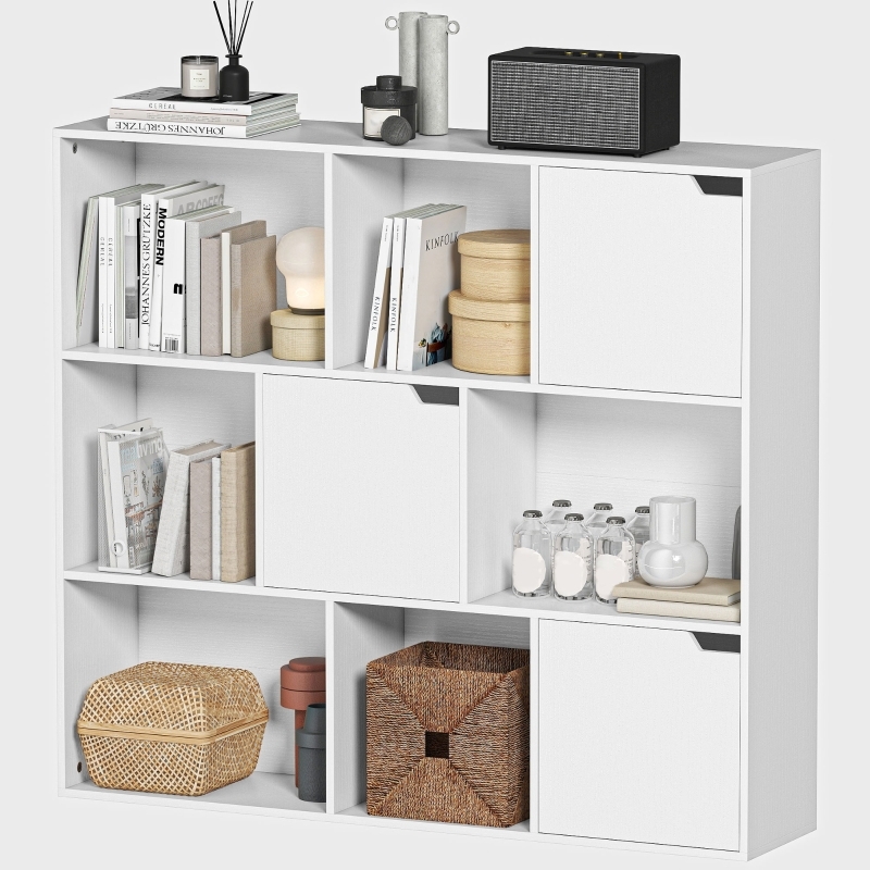 OKWISH Standregal Holz Weiß 106x24x95 cm mit 9 Fächern und 3 Türen Image