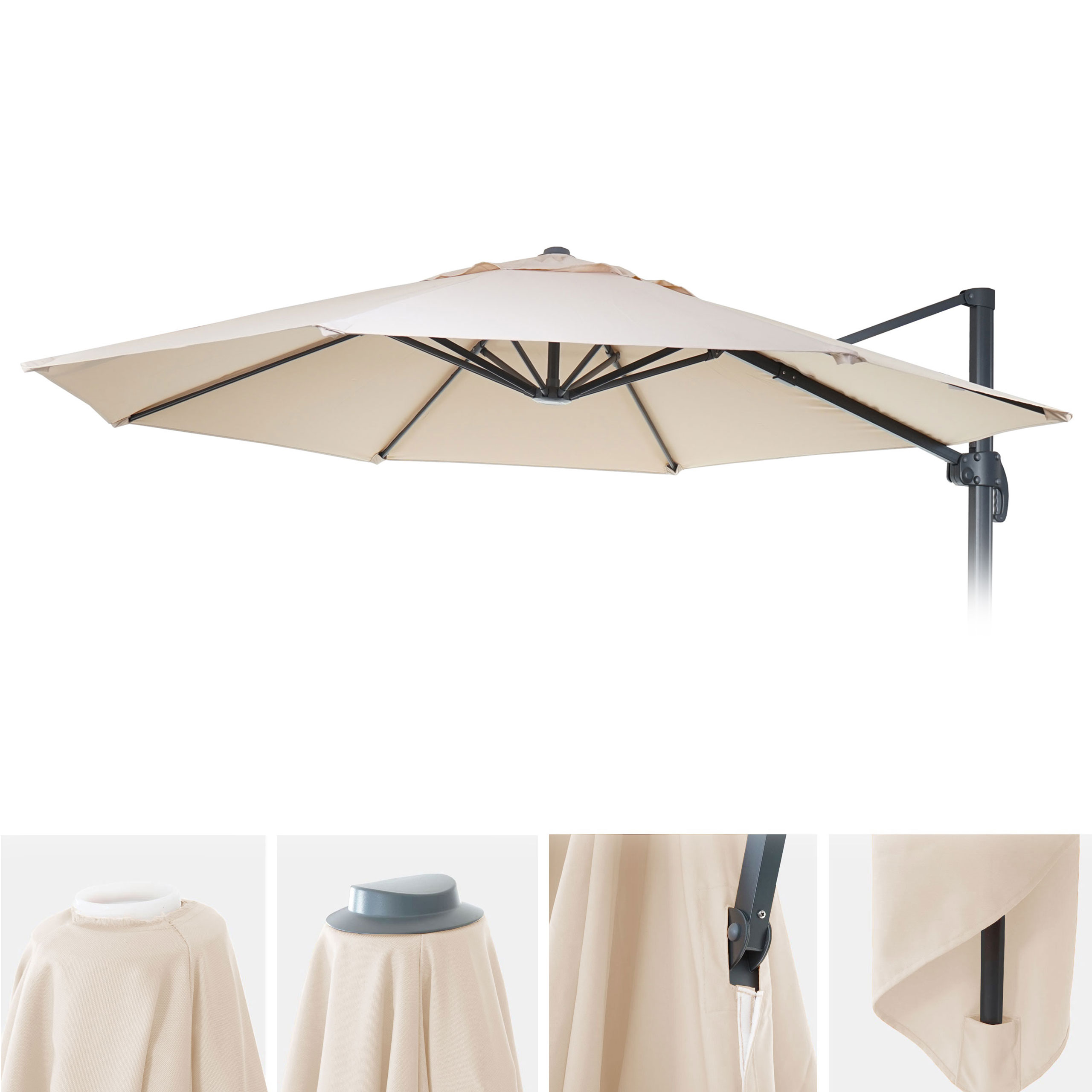 Sonnenschirmbezug HWC-A96, 8 Streben rund Ø3m 220g/m² Polyester, Ersatz-Bezug z.B. für Ampelschirm HWC-A96 ~ creme-beige Image