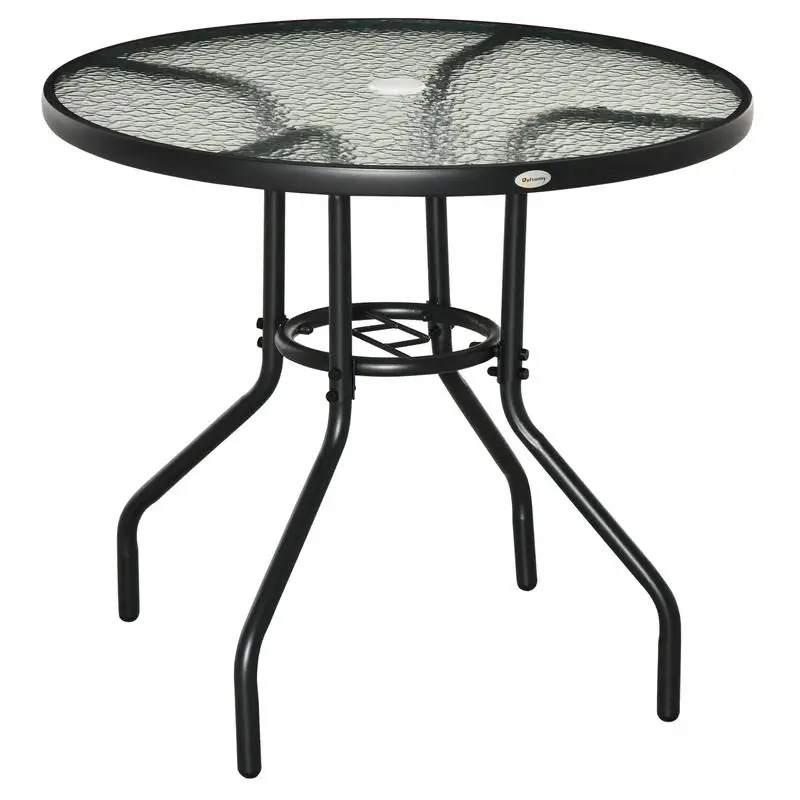 Table de jardin, table d'appoint de jardin, mobilier de jardin, table de balcon, table bistrot avec trou pour parasol, verre trempé + métal, noir, 80 x 72 cm