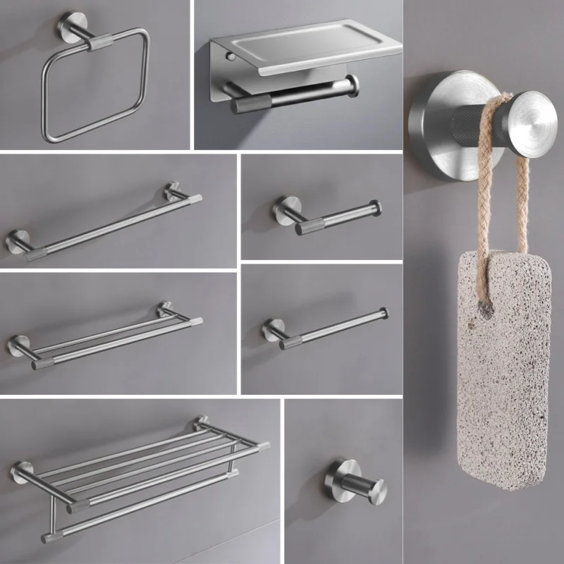 Ensemble de quincaillerie de salle de bain en acier inoxydable 304, accessoires de WC brossés, porte-papier toilette, crochet mural, barre porte-serviettes, porte-peignoir