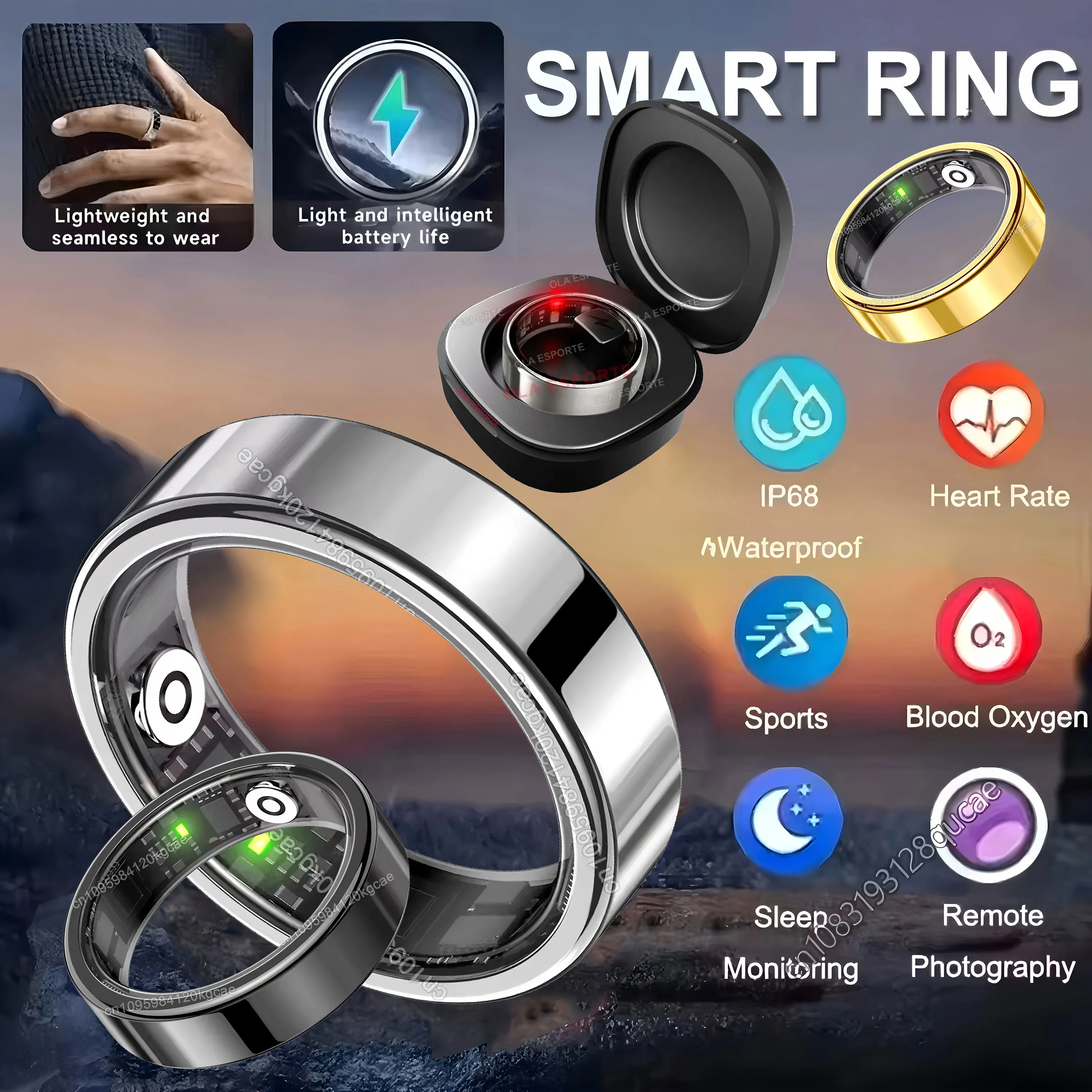 Neuer R09 Smart Ring für Männer und Frauen mit Ladeetui, Herzfrequenz- und Blutsauerstoffmessung, Hauttemperaturüberwachung, 5ATM wasserdicht für Android IOS. Image