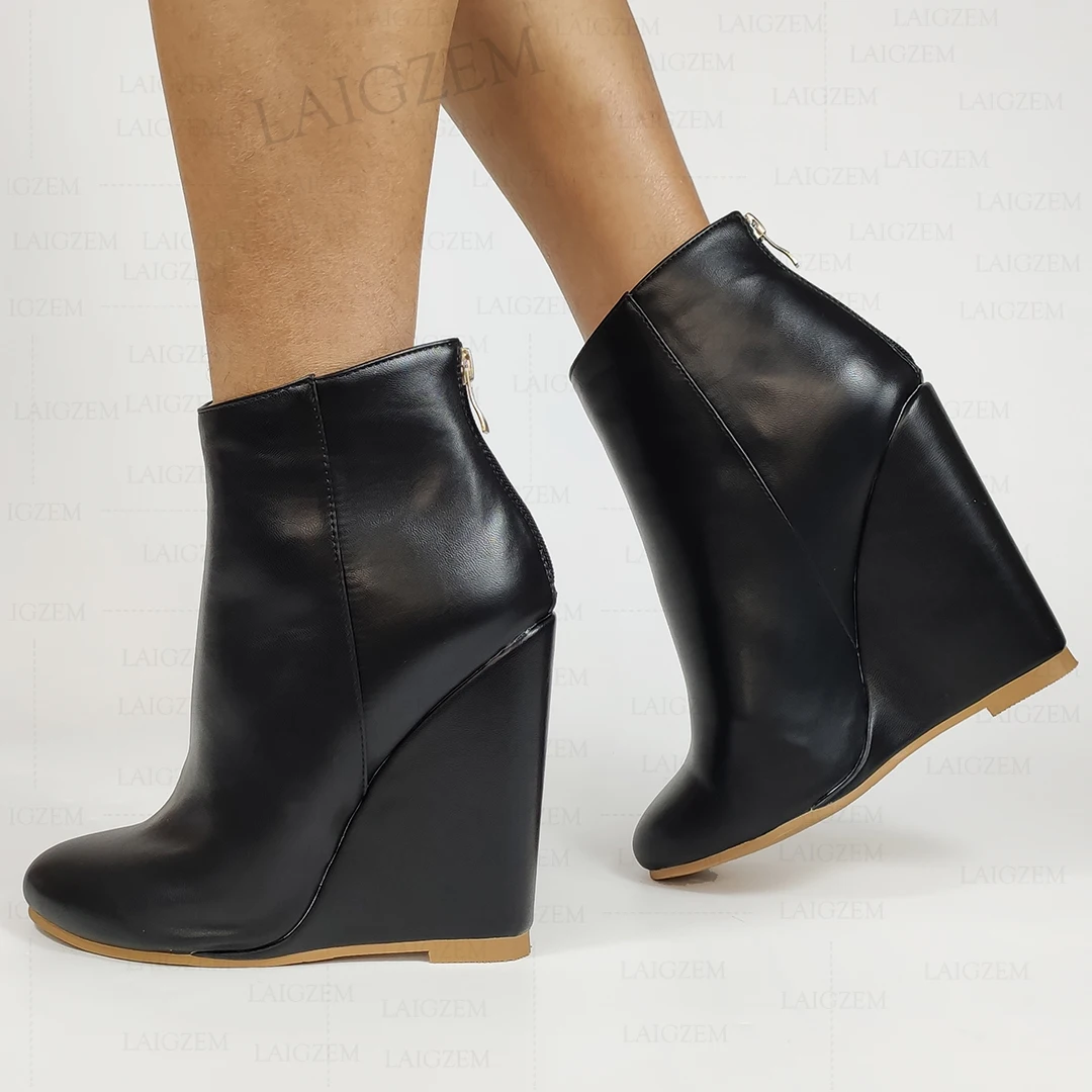 LAIGZEM Damen-Stiefeletten, runde Zehen, Keilabsatz, High Heels, Reißverschluss hinten, Booties, Kunstleder, Damenschuhe, Damen, große Größe 41, 44, 47, 50 52