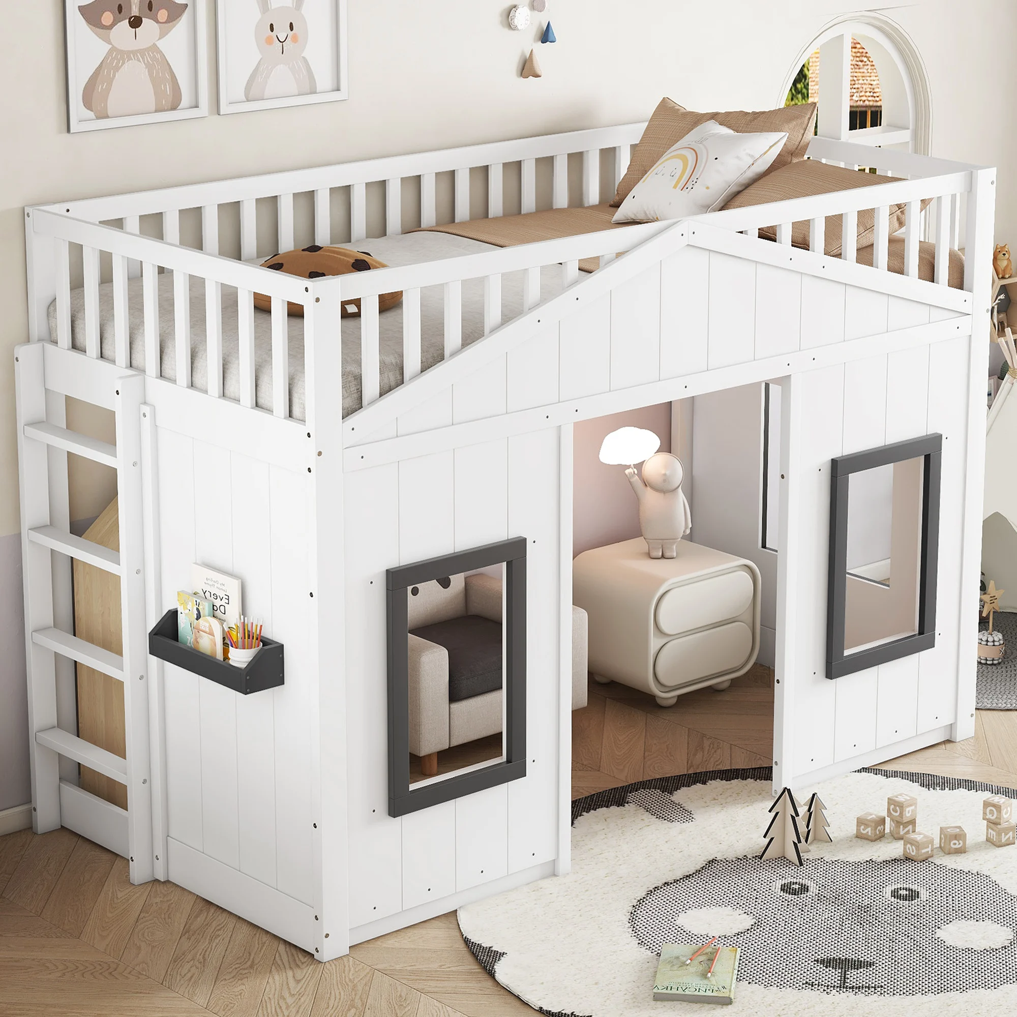 Hochbett 90x200 Kinderbett Hausdesign Treppe Fallschutz Gitter Fenster Weiß (ohne Matratze)
