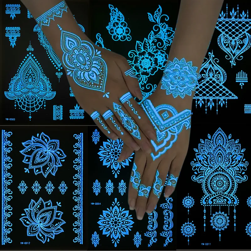 Im Dunkeln leuchtende temporäre Tattoo-Aufkleber, blau leuchtende Henna-Tattoo-Aufkleber für Mädchen und Frauen, Blumen, sexy Spitzen-Fake-Art-Aufkleber
