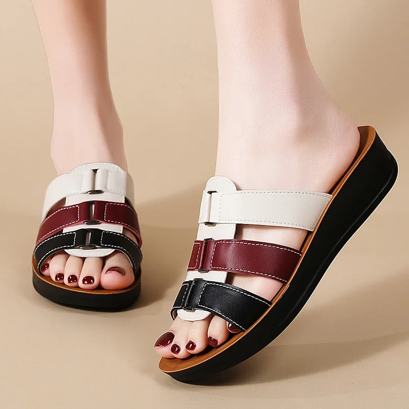 Damen-Sandalen aus Leder, Sommer-Flats, Damenschuhe, elegante, offene Zehenpartie, Strandkleid-Flats für Damen, Outdoor-Sandalen, Größe 36–43