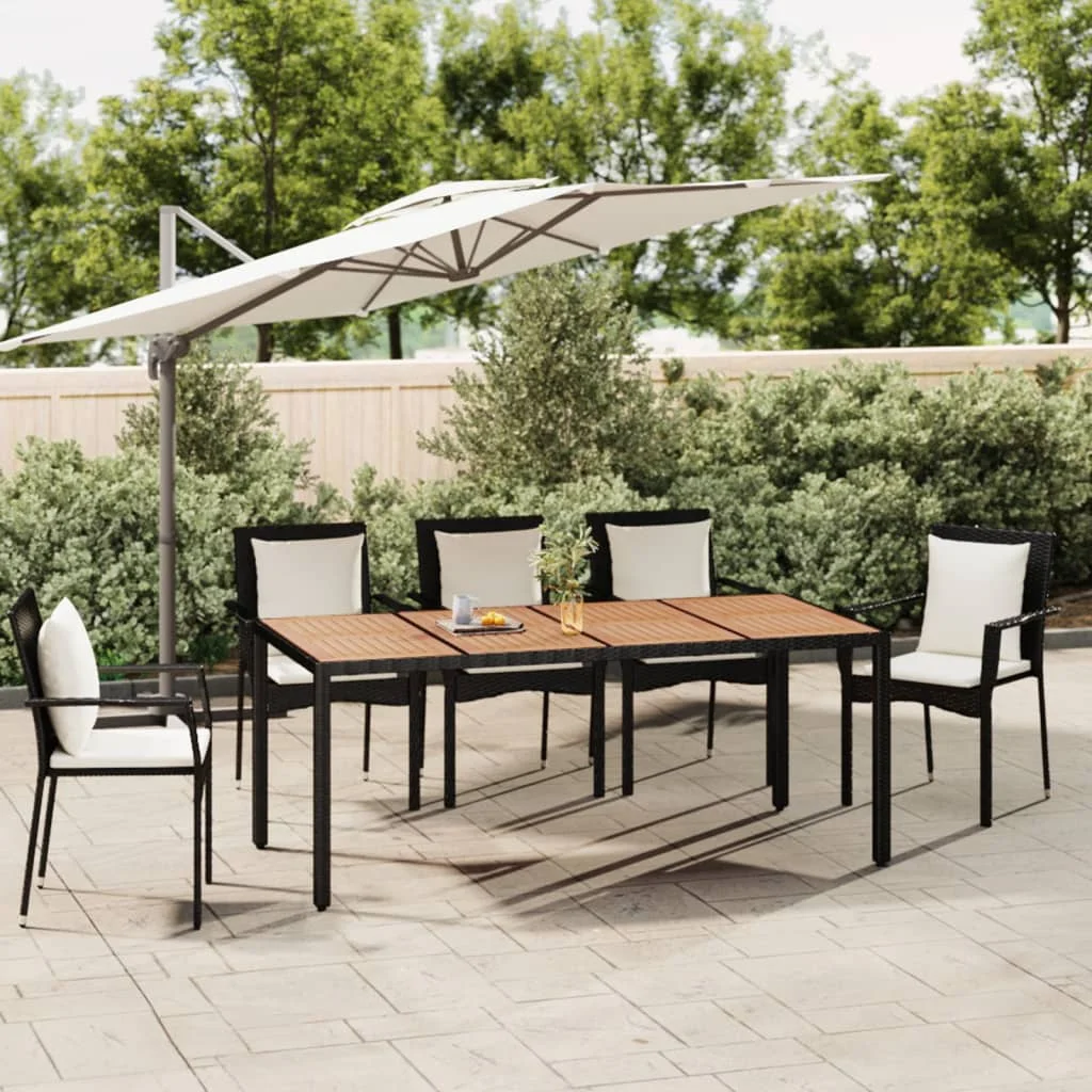 Gartentisch mit Holzplatte, schwarz, geflochtenes Kunstharz, Massivholz. Moderner Gartentisch aus Holz für Terrasse und Hof (nur Tisch).