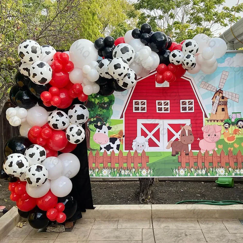 113-teiliges Rot-Weiß-Schwarzes Bauernhof-Tierballon-Set für Jungen Kindergeburtstag Partydekoration DIY Bauernhof-Party-Zubehör