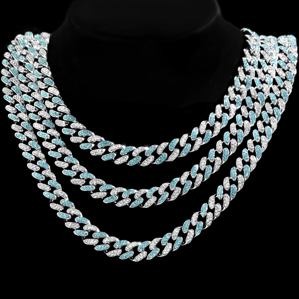 Hip-Hop 13MM Cuban Link Kette Halskette für Männer und Frauen, Iced Out Strass Blau Weiß Miami Kette, Dicke Unisex Bling Schmuck Geschenk Image