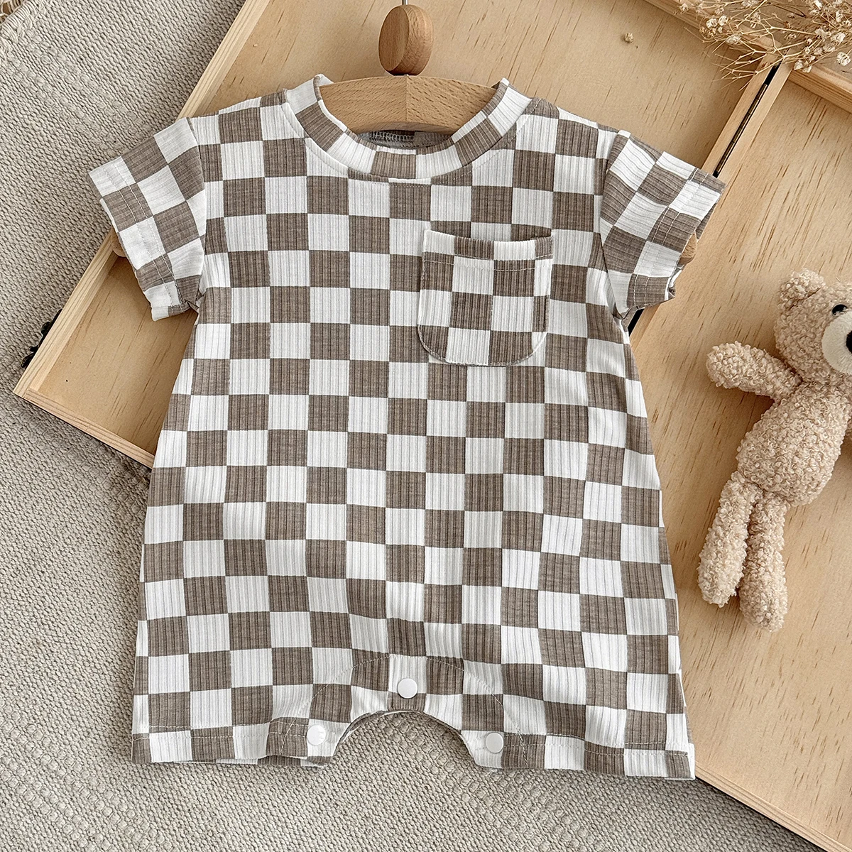 0–18 Monate Kleinkind-Baby-Outfit für Jungen und Mädchen, Sommer-Kurzoutfit, kariertes Kurzarm-T-Shirt, Shorts-Set, lässiges Set für Kleinkinder Image