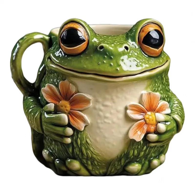Niedliche Frosch-Blumen-Tasse 3D Geprägte Tier-Teetasse Einzigartiges Geschenk für Freunde Kinder Büro Zuhause Trinkgeschirr mit Amphibien-Motiv Image