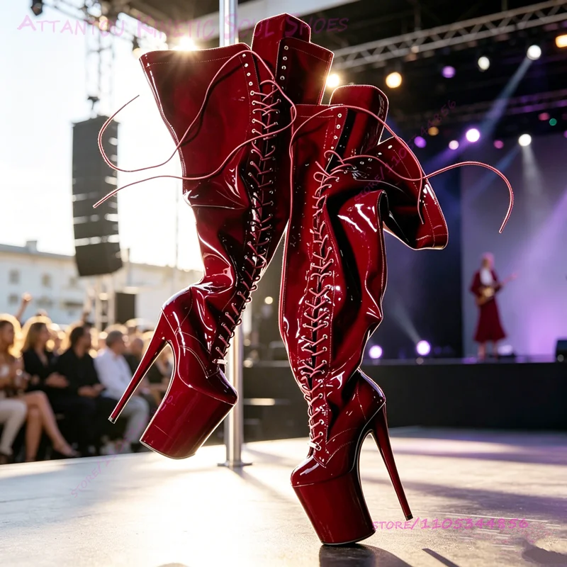 Lebendige, tiefrote, wunderschöne Overknee-Stiefel, 20 cm, 8 Zoll, Pole-Dance-Stiefel, Schnürstiefel, Plateauabsatz, individuelle Farbe, sexy Damenschuhe