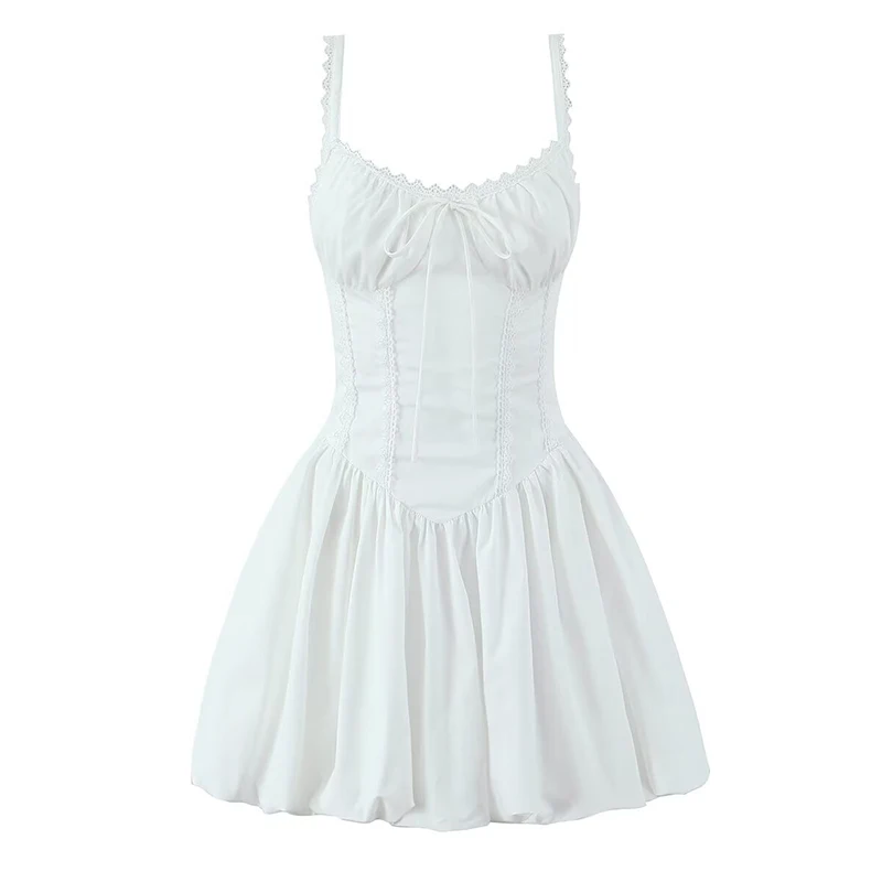 YENKYE 2025 Frauen Spitze Verstärktes Schwarz Weiß Sling Mini Kleider Niedrige Taille Baumwolle Sommer Sexy Party Kleid Sexy Schnürung Up Robe