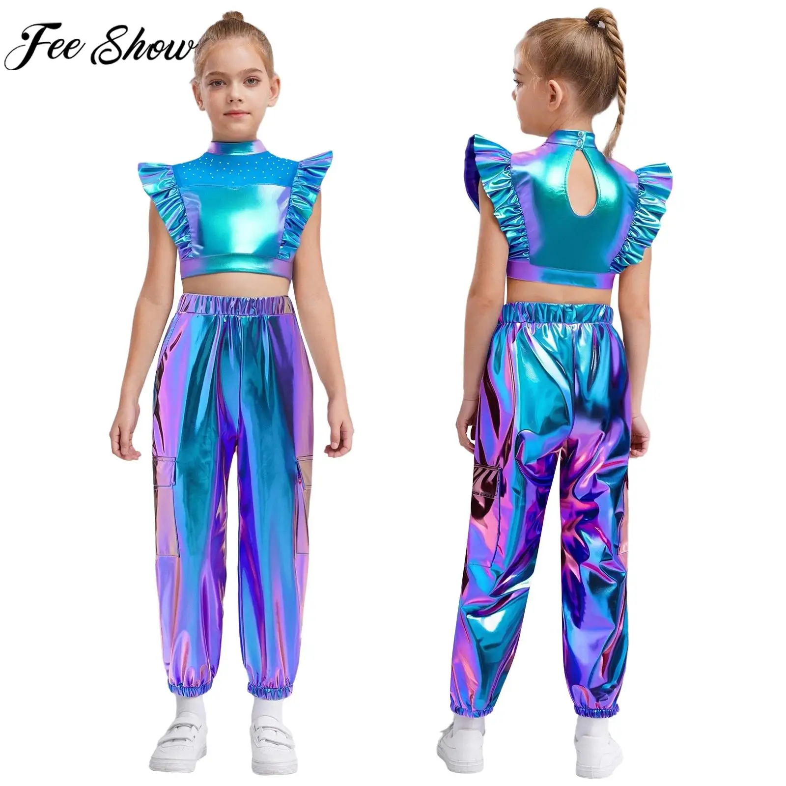 Vestito da ballo di strada per ragazze hip-hop jazz per bambini Top corto senza maniche in rete con strass con pantaloni metallizzati lucidi Abbigliamento da ballo per spettacoli scolastici