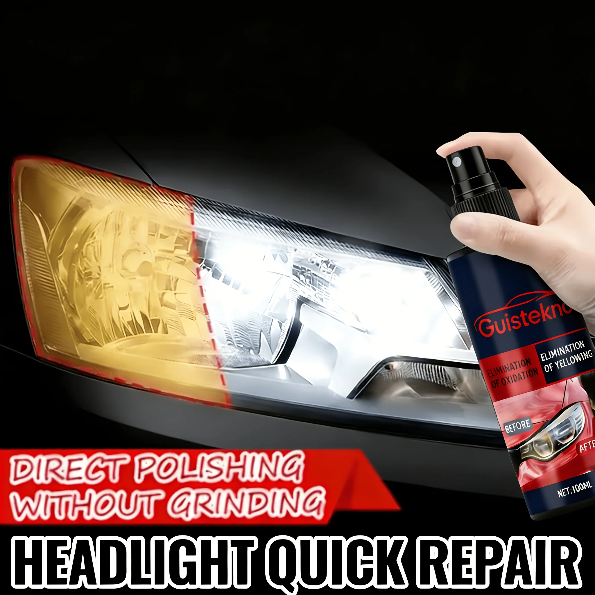 Guistekno Auto-Scheinwerfer-Restaurierungsspray 100ml - Beseitigt Vergilbung & Oxidation, Scheinwerfer-Polierset mit Schwamm Image