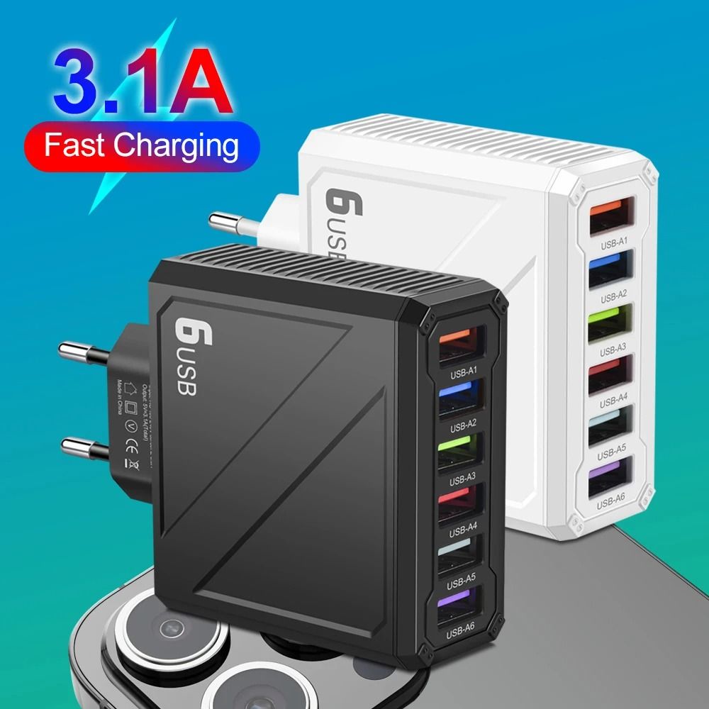 6 Port High Capacity Universal USB Wall Charger white