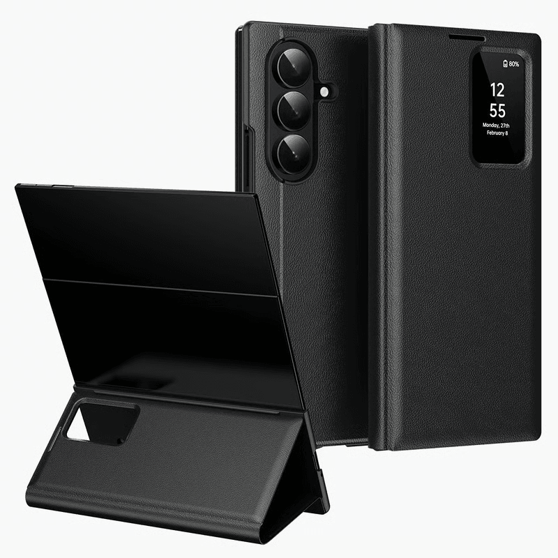 Premium Smart View Window Leather Case With Card Slot, Protective Wallet Cover For Samsung Galaxy Phones For Samsung Galaxy S25 5G black