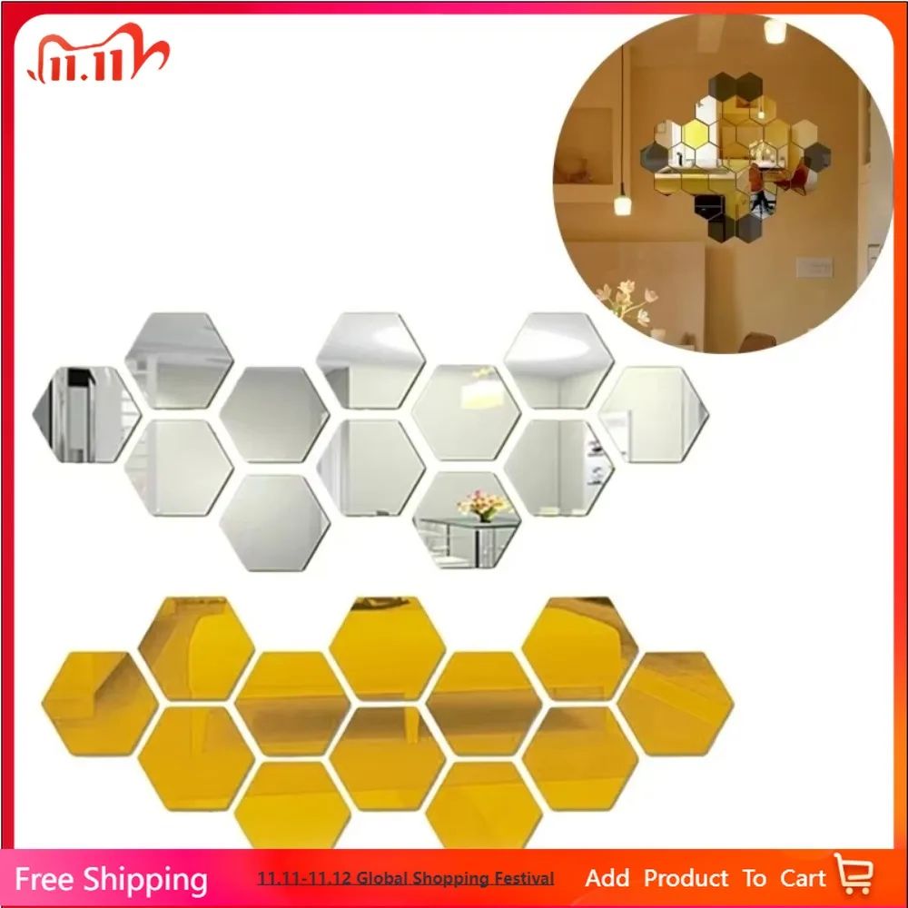 12 Piece Hexagon Mirror Wall Stickers Acrylic Mirror Tiles For DIY Wall Decor silver 12pcs