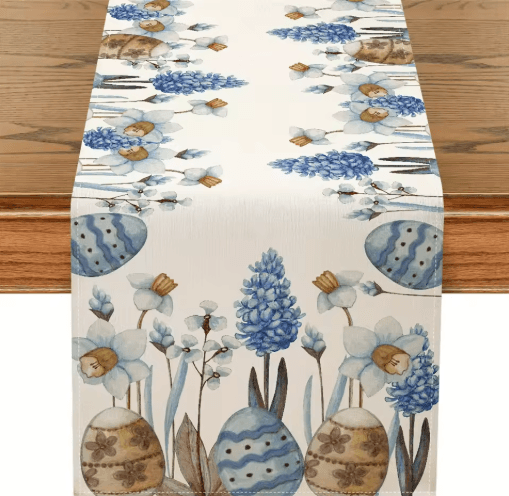 Easter Blue Eggs Floral Linen Table Runner Spring Botanical Table Decor 01 200x33cm 78.7x13inch