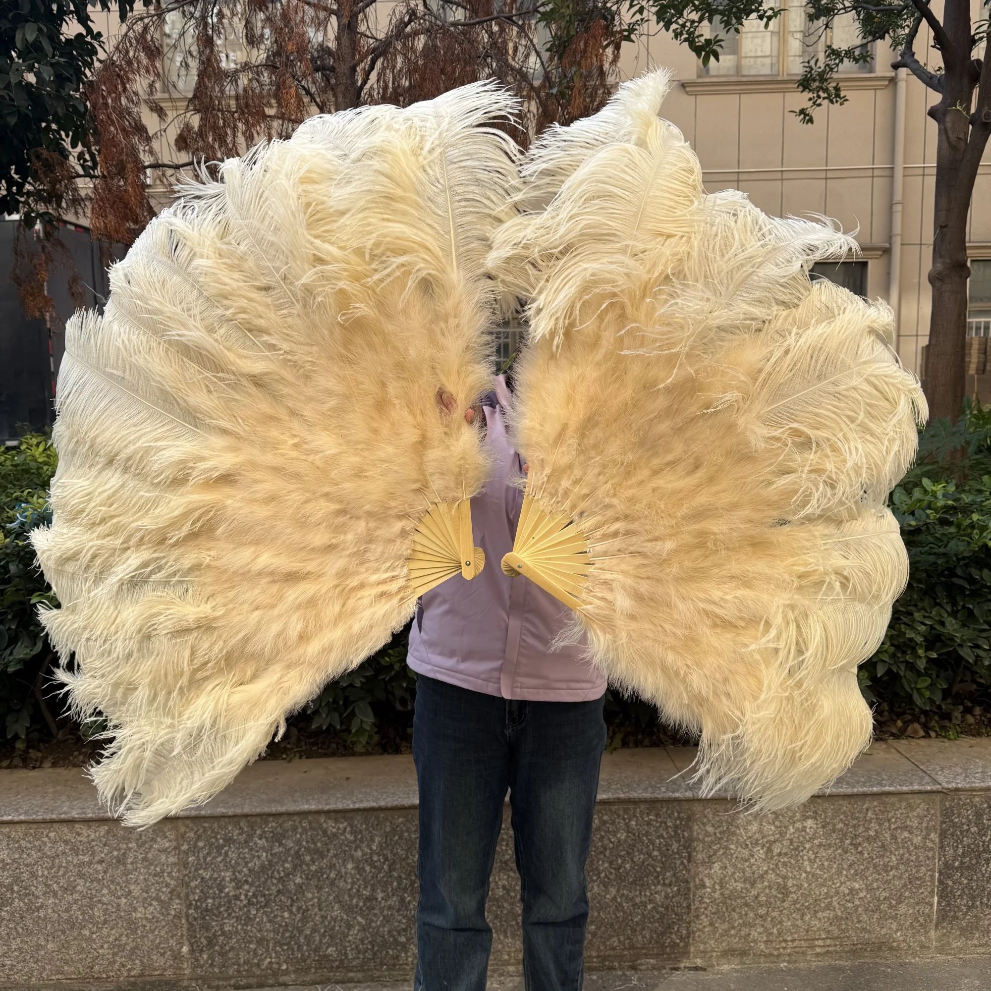 Luxury Ostrich Feather Fan Large Folding Dance Fan For Stage, Carnival & Performance champangne 51.18 In 2 Pcs