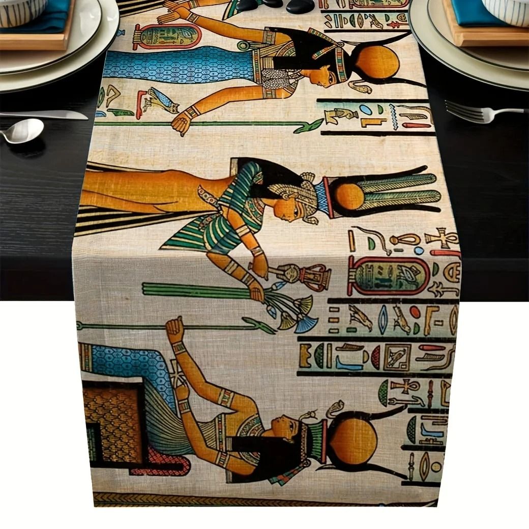 Ancient Egyptian Linen Table Runner Boho Farmhouse Dining Decor 150x33cm 59x13in