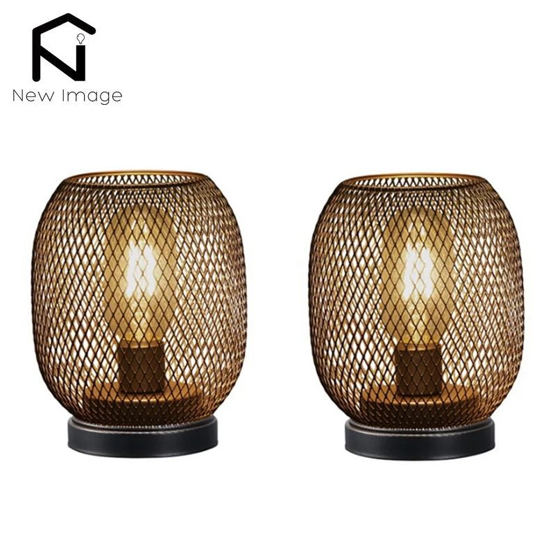 LED Lantern Table Lamp Set Metal Cage Cordless Decorative Light b