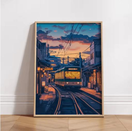 Tokyo Rainy Night Railway Canvas Print Retro Japanese Cityscape Wall Art Decor 14 50x70cm No Frame