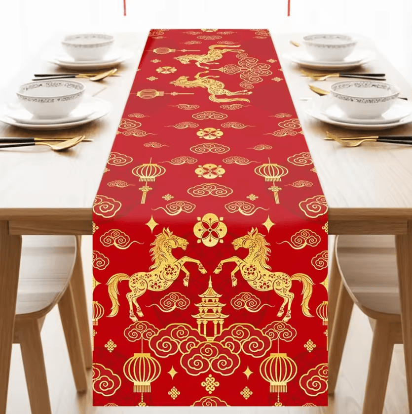 Chinese New Year Linen Table Runner Zodiac Horse 2026 Spring Festival Dining Decor 01 150x33cm 59x13inch