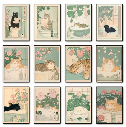 Japanese Cat Wall Art Retro Bathtub Cat Poster For Japandi Bathroom Decor 3 30x42cm Unframed