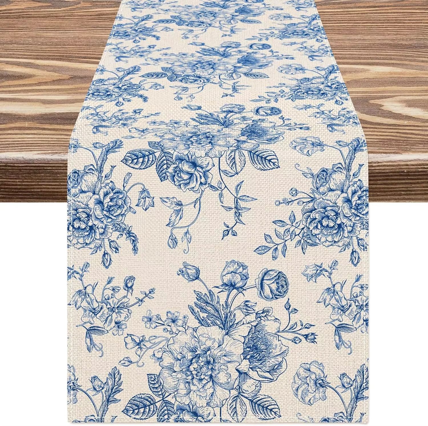 Elegant Chinoiserie Blue Floral Linen Table Runner For Dining And Home Decor pink 71x13in