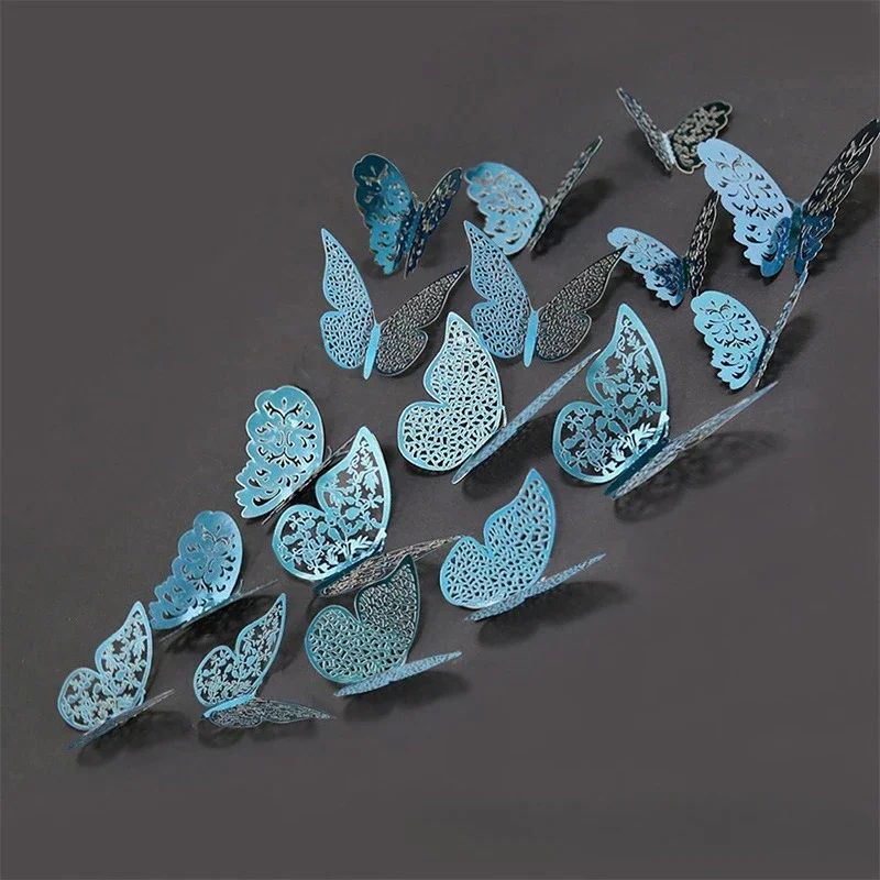 3D Mirror Butterfly Wall Stickers Hollow Gold, Silver & Blue DIY Room Decor 12 Pcs Iridecent B