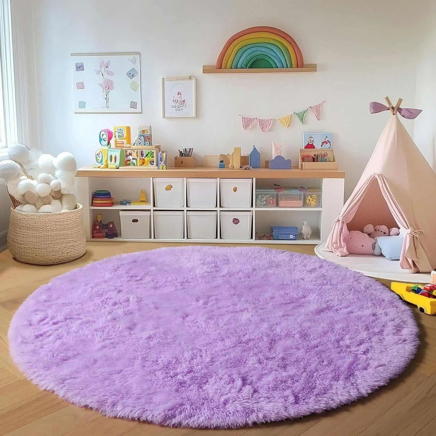 Round Fluffy Kids Plush Rug Soft Nursery Floor Carpet Baby Play Mat off White 60 Cm