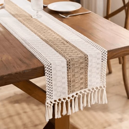 Boho Macrame Table Runner Cream & Brown Farmhouse Tassel Table Decor 30x220cm grey With Tassel