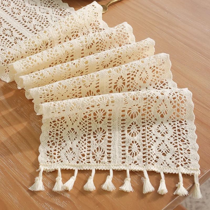 Boho Beige Crochet Macrame Table Runner Vintage Farmhouse Bohemian Decor For Wedding, Coffee & Dining Tabl style 3 9.4 X 78.7 In (24x200 Cm)
