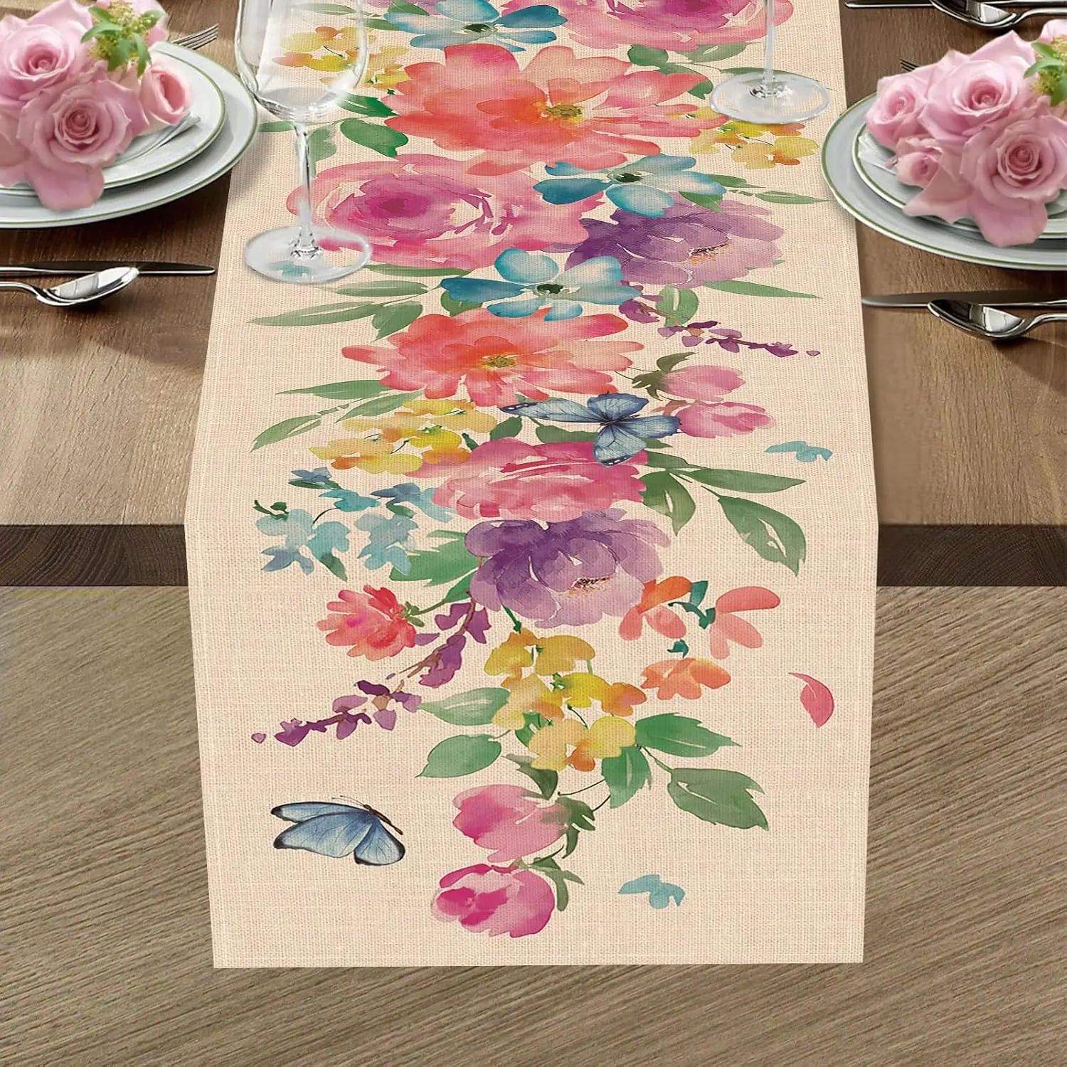 Floral Linen Table Runner Spring Watercolor Butterfly Table Runner For Dining, Wedding & Party Decor style A 70.8 X 13 In