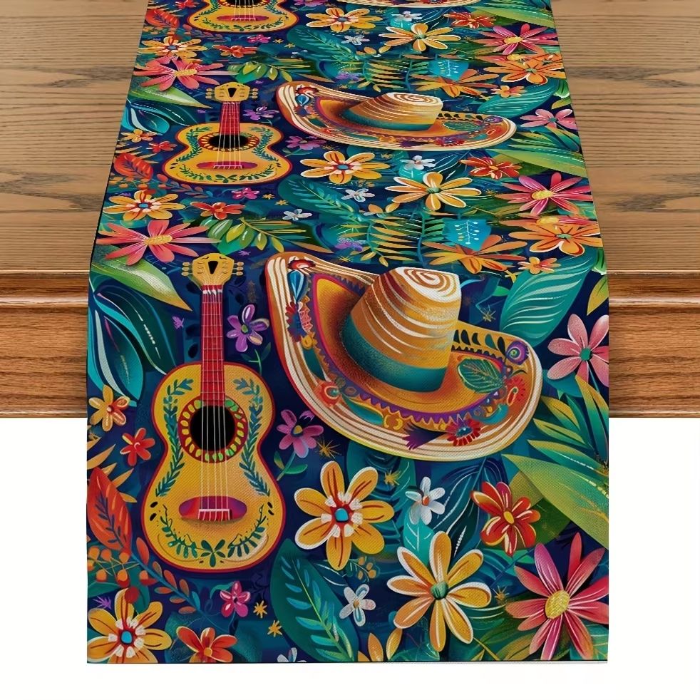Mexican Fiesta Linen Table Runner With Cactus And Day Of The Dead Design sunset Guitar Fiesta 78.7x13inch