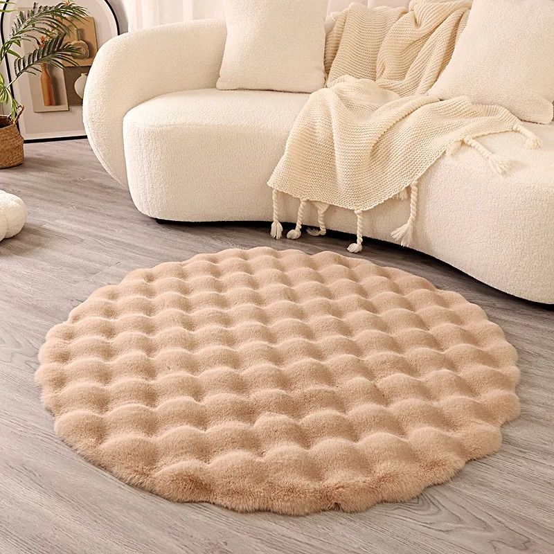 Faux Fur Rug Round Fluffy Carpet Soft Bubble Texture Bedroom And Kids Room Rug silver Gray 130x130cm 51x51inch