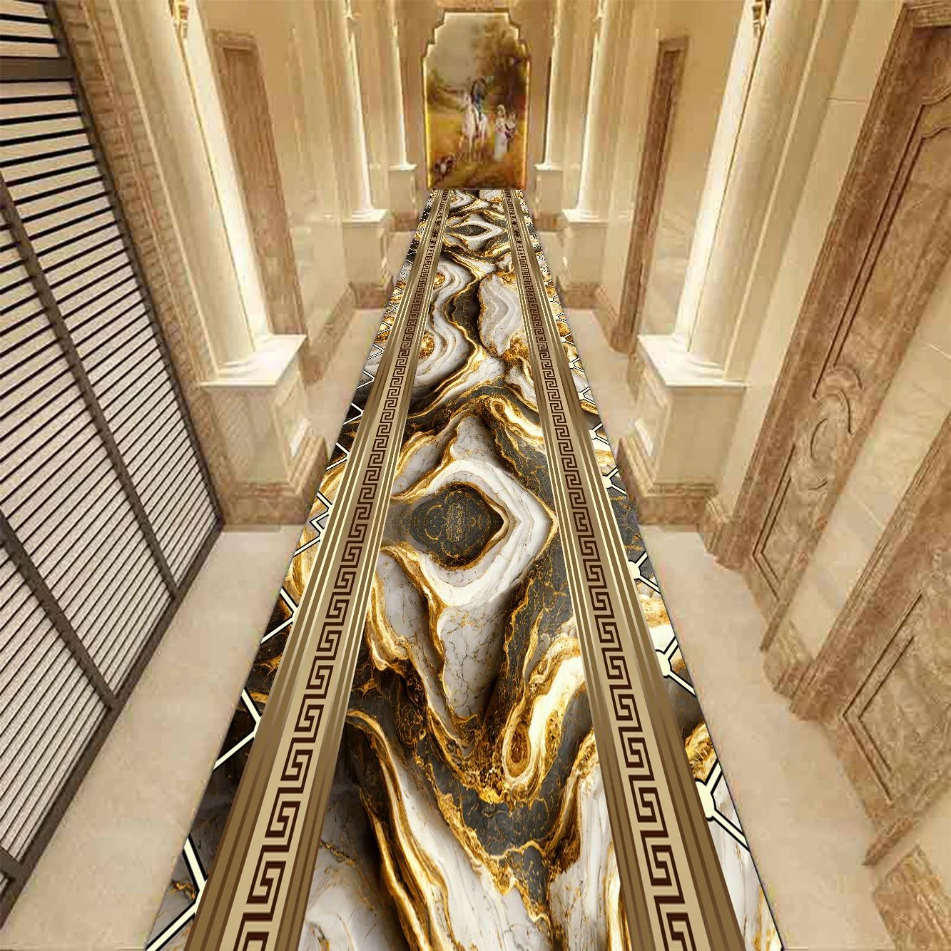 Golden Marble Hallway Runner Rug Luxury Non Slip Carpet For Modern Home Decor 3 47x78.7in