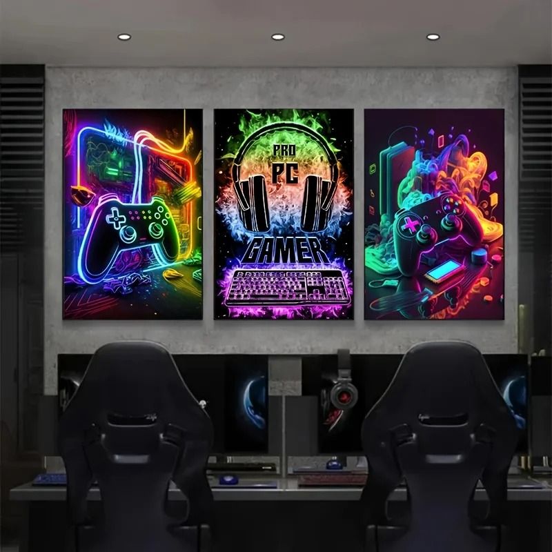 3 Piece Gaming Room Canvas Prints | Punk Style Gamepad Wall Art 16 X 24 In