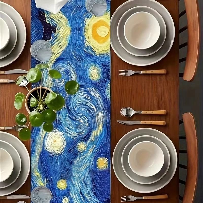 Van Gogh Starry Night Art Table Runner | VIKAMA Oil Painting Table Flag | Luxury Ins Style Decor For Dining & Cafe 33 X 90 Cm 1.1 X 3 Ft