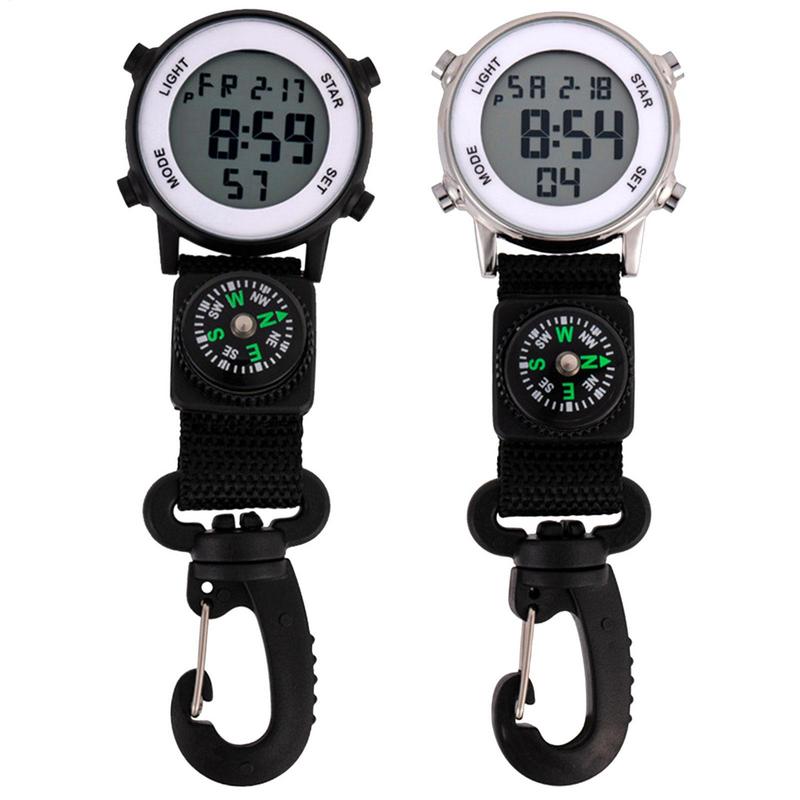 Tactical Carabiner Clip Watch With Compass And LED Outdoor Pocket Timepiece silver