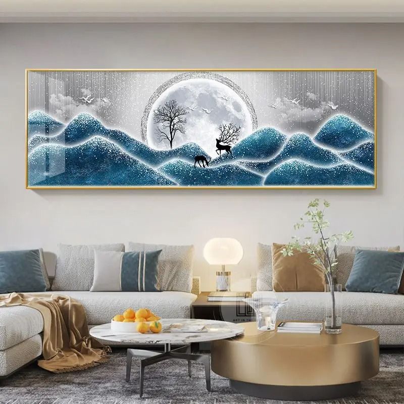 Feng Shui Gold Deer Canvas Wall Art Chinese Style Mountain Decor Print 02 70x210 Cm no Frame