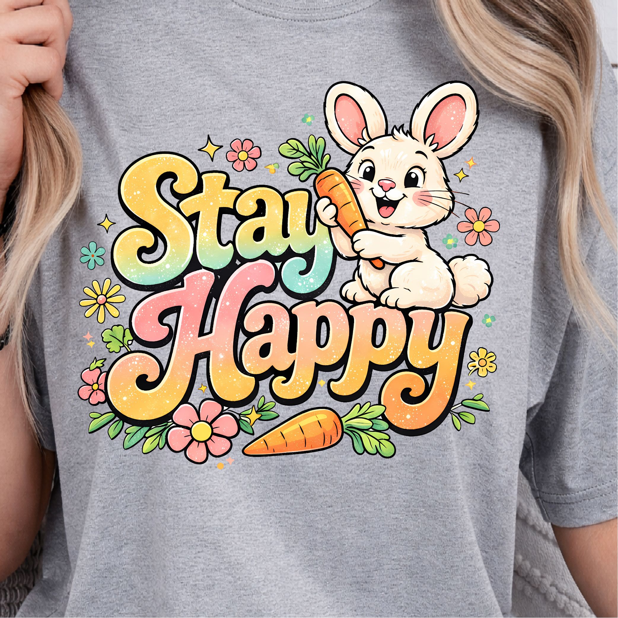 Stay Happy Shirt Happy Bunny With Carrots Easter Tee black 2xl t Shirt