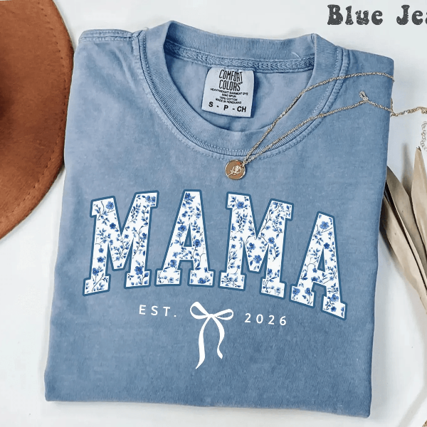Personalized Mama Shirt Comfort Colors Blue Toile Floral Est Year Coquette Mom Tee Gift navy s sweatshirt