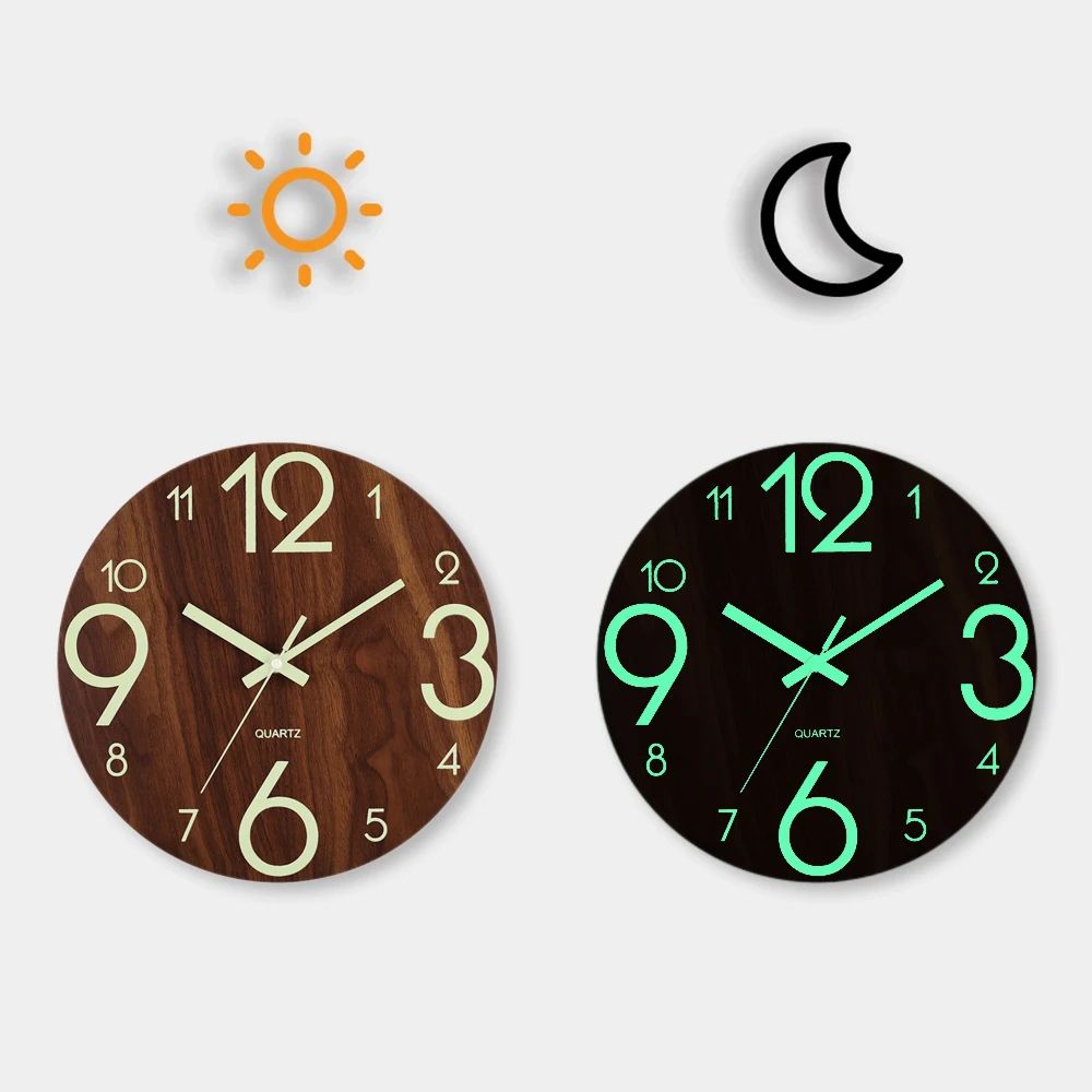 Luminous Wooden Wall Clock Silent Non Ticking Glow in the Dark Nordic Modern Wall Decor Clock yg003 12 In