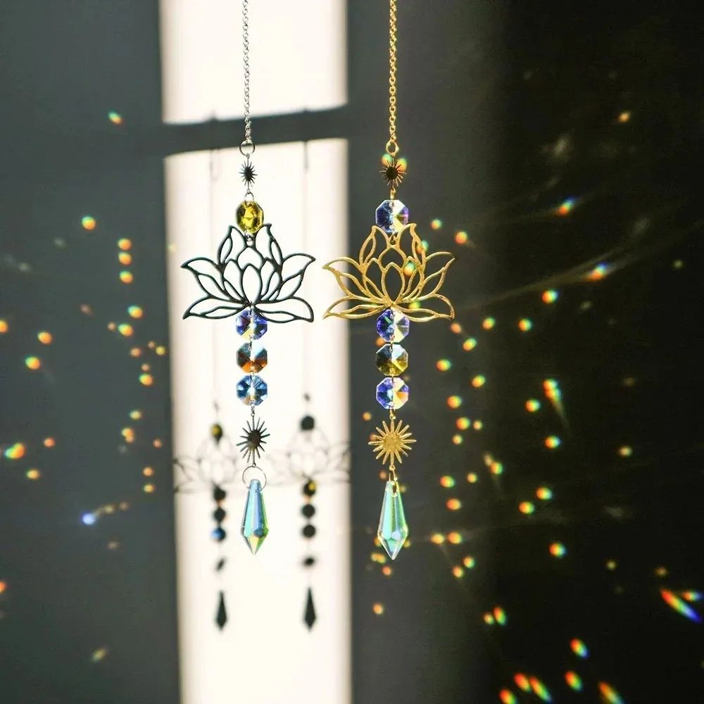 Crystal Lotus Suncatcher Wind Chime Metal Hanging Charm For Garden, Window & Home Decor gold