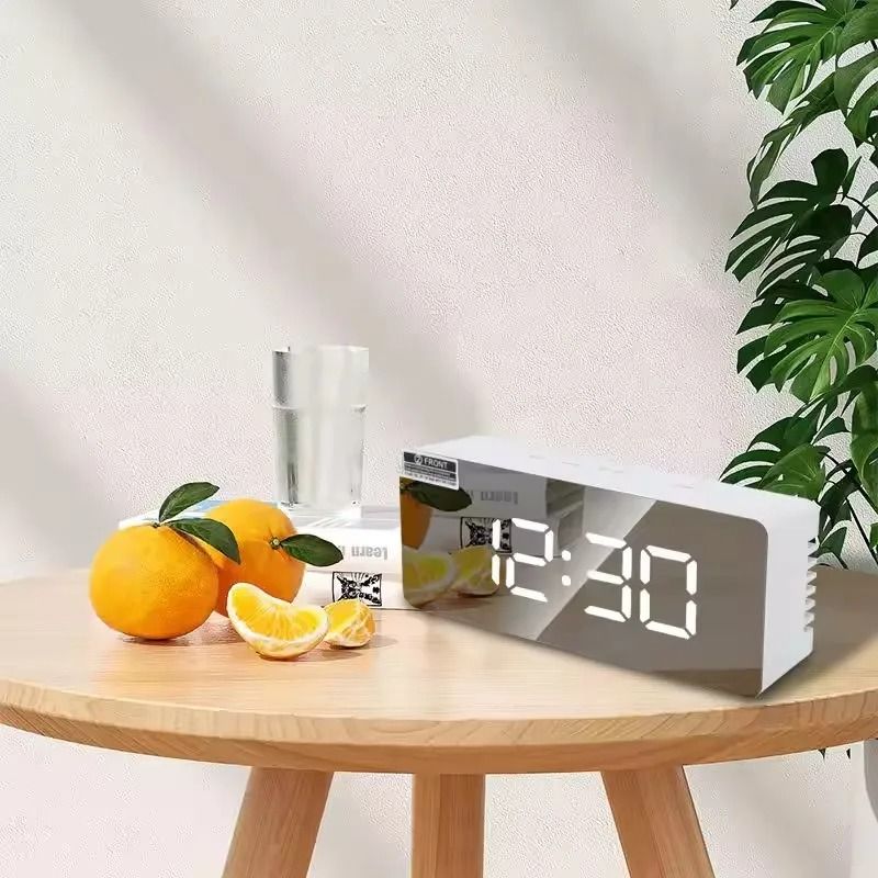 LED Mirror Clock Digital Alarm Clock USB Desk Clock With Night Light white