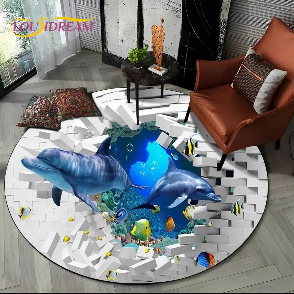 3D Underwater Dolphin Round Area Rug Ocean Illusion Non Slip Carpet For Living Room Bedroom Decor 20 47 In