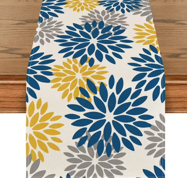 Blue Dahlia Floral Linen Table Runner Elegant Spring Summer Farmhouse Table Decor 07 180x33cm 70.8x13inch